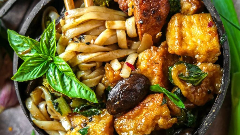 Sweet and Sour Noodle Stir Fry with Crispy Tofu Nuggets