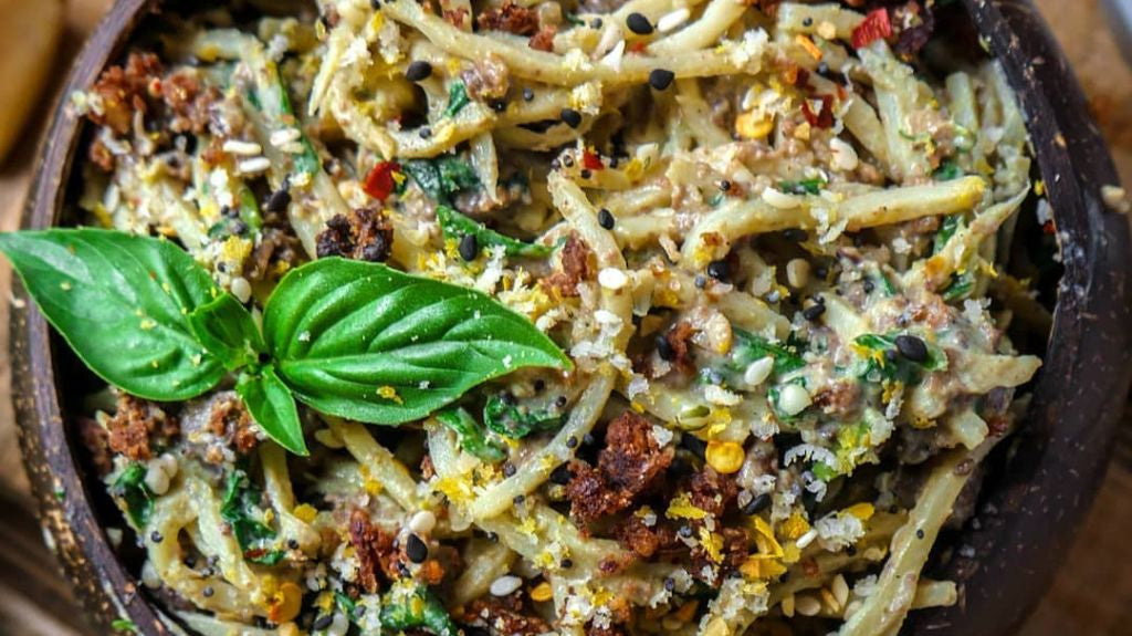 Vegan Basil Alfredo Pasta with Mushroom Walnut Veggie Crumbles