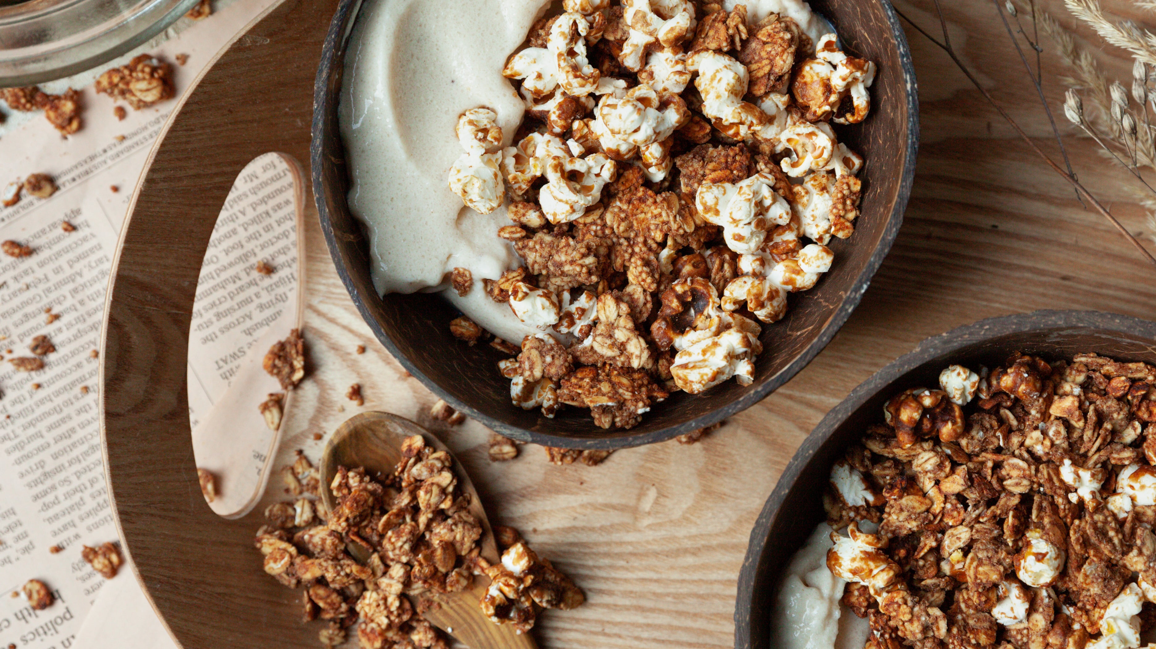 Caramel Popcorn and Peanut Butter-Cinnamon Granola