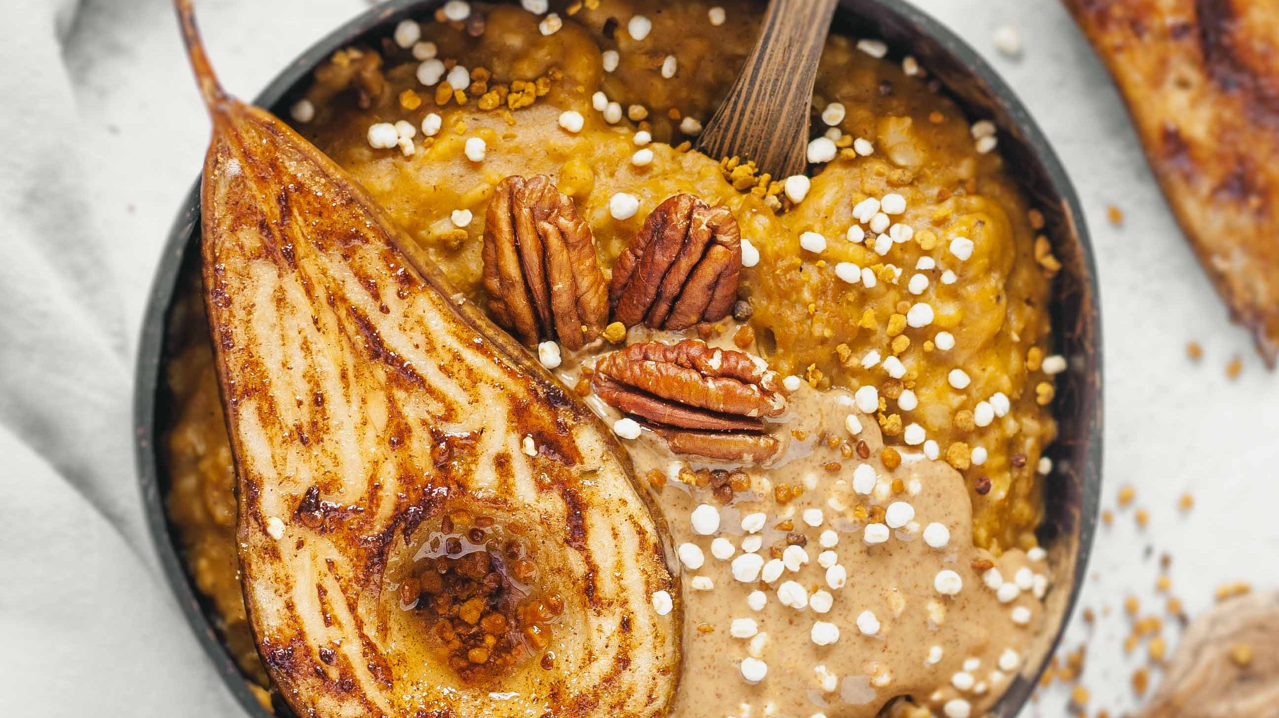 Pumpkin Spice Oats with Sweet Baked Pear and Almond Butter
