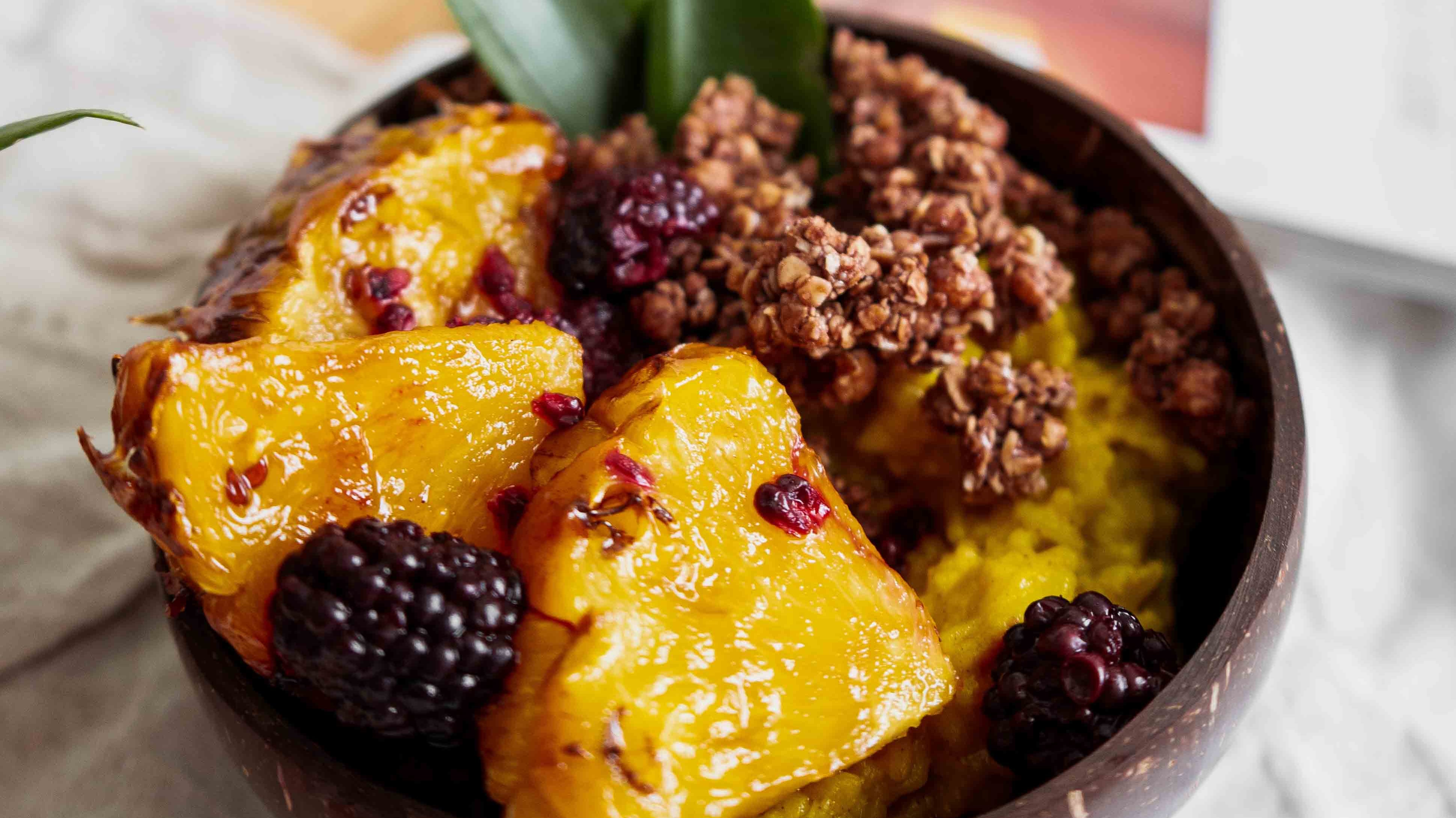 Ginger & Turmeric Coconut Rice Pudding with Maple Grilled Pineapple