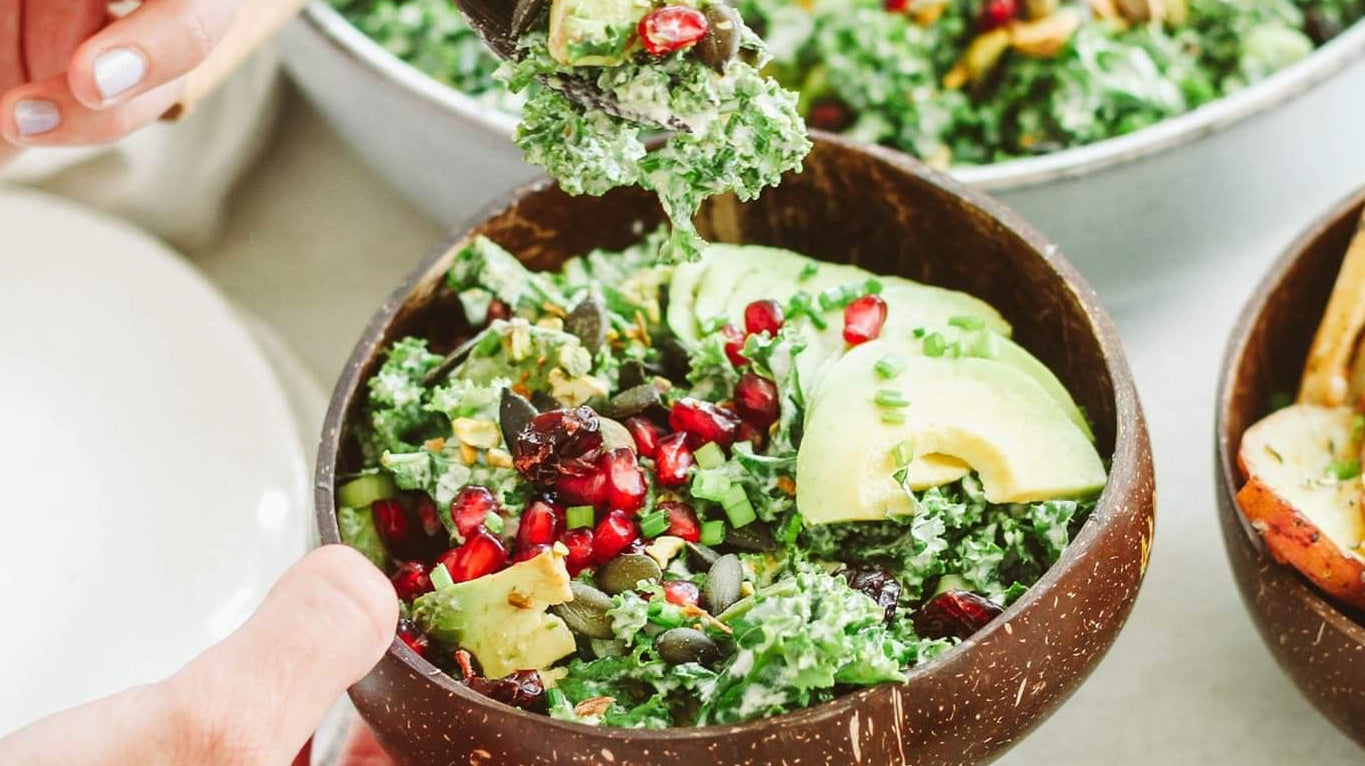 Creamy Kale, Pomegranate and Avocado Salad w/ Garlic Sunflower Cream Dressing