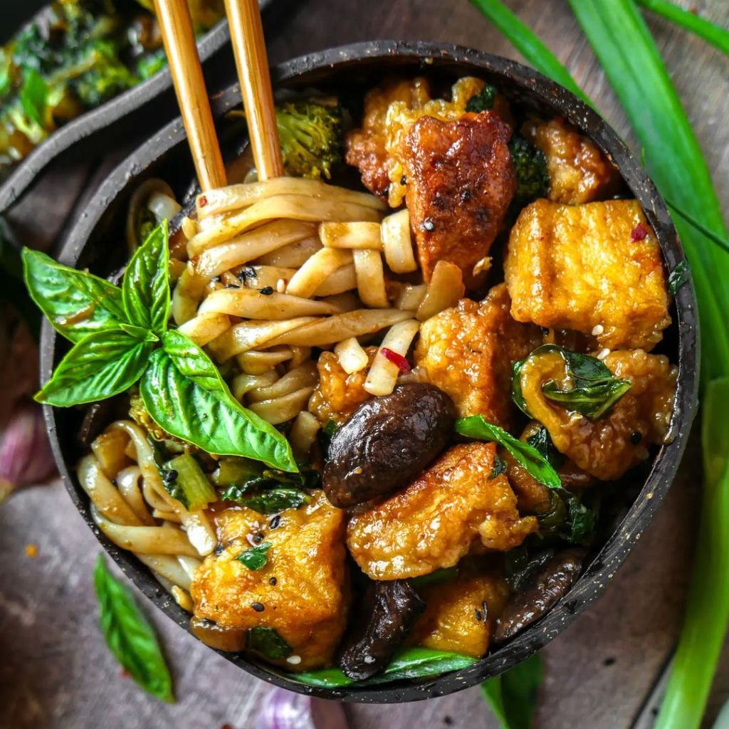 Sweet and Sour Noodle Stir Fry with Crispy Tofu Nuggets