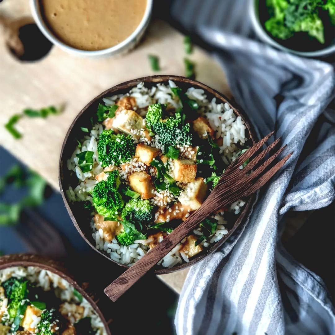 Tofu Rice Bowl with Peanut Sauce