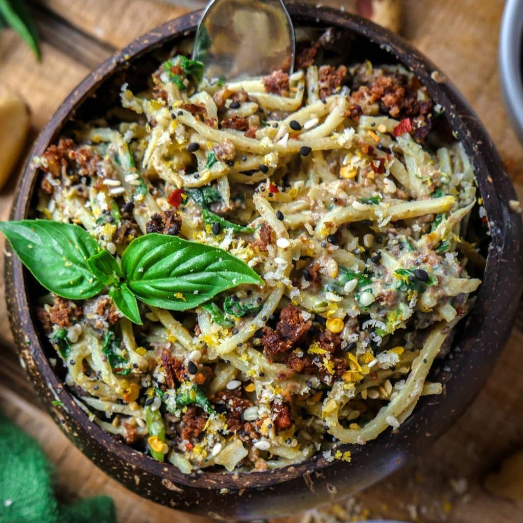 Vegan Basil Alfredo Pasta with Mushroom Walnut Veggie Crumbles