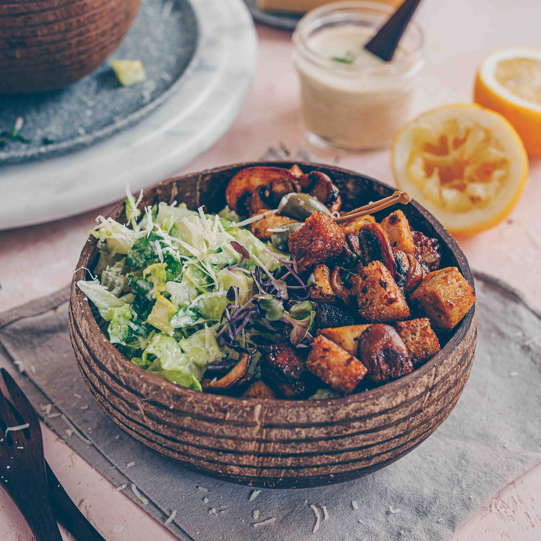 Caesar Salad with Crispy Mushrooms and Tofu