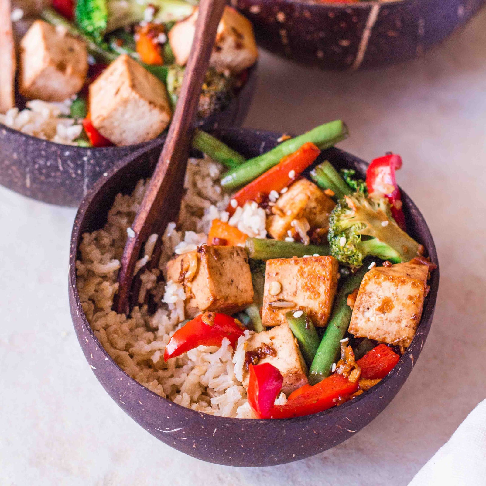 Ginger Tofu Stirfry Coconut Bowls