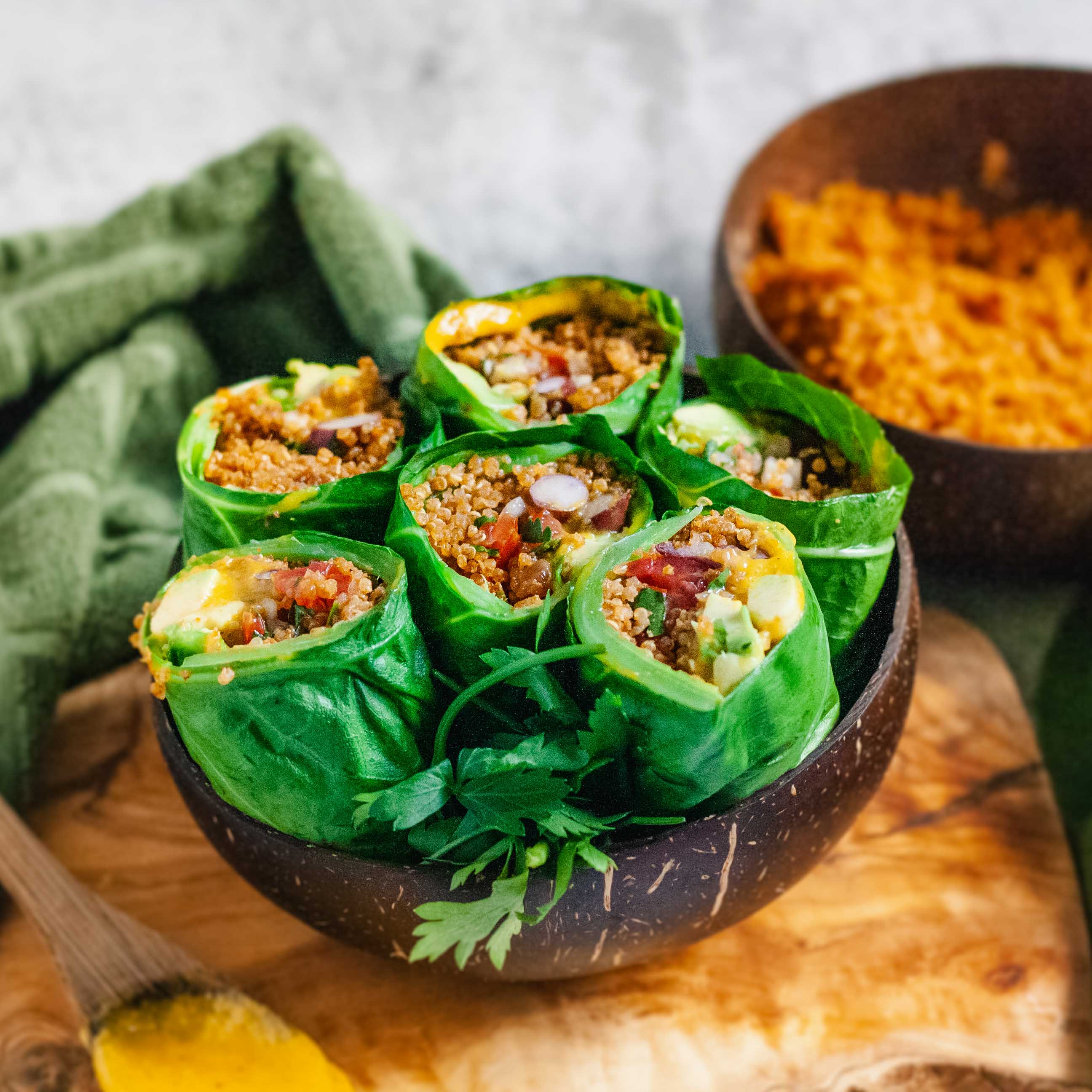 Mexican Collard Burritos with Smokey BBQ Quinoa Meat