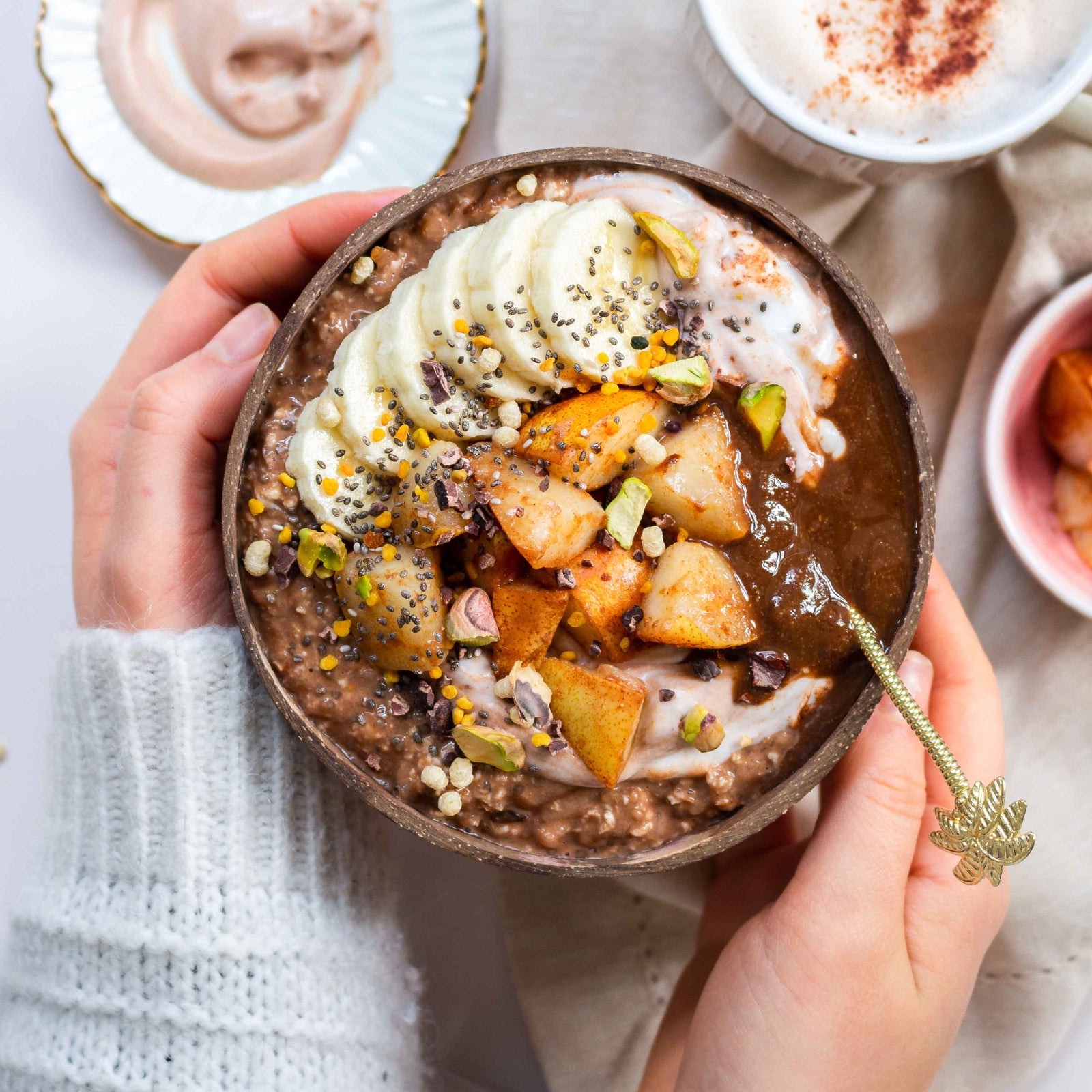 Pear & Cacao Overnight Oats Coconut Bowls