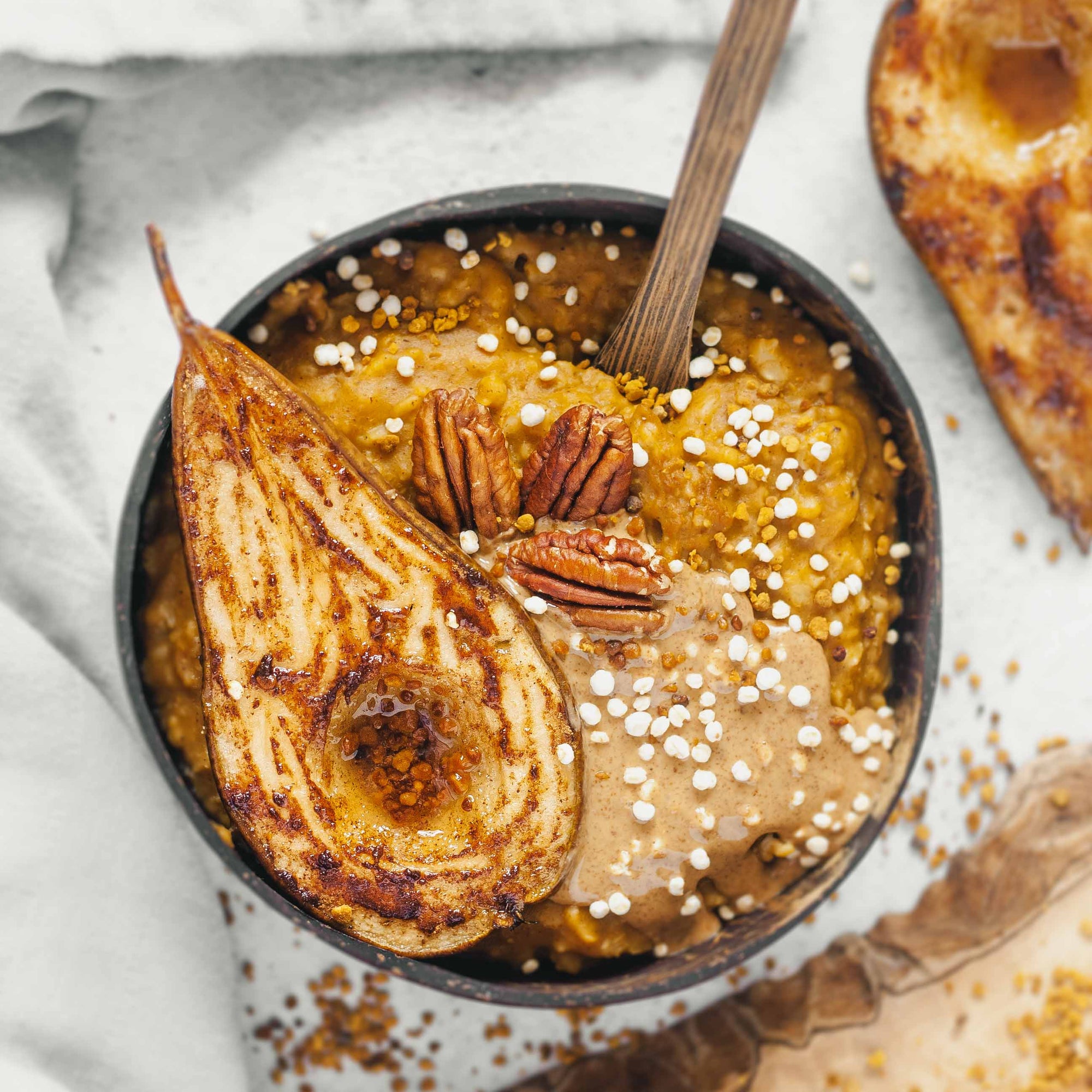 Pumpkin Spice Oats with Sweet Baked Pear and Almond Butter