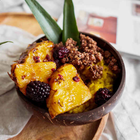 Ginger & Turmeric Coconut Rice Pudding with Maple Grilled Pineapple