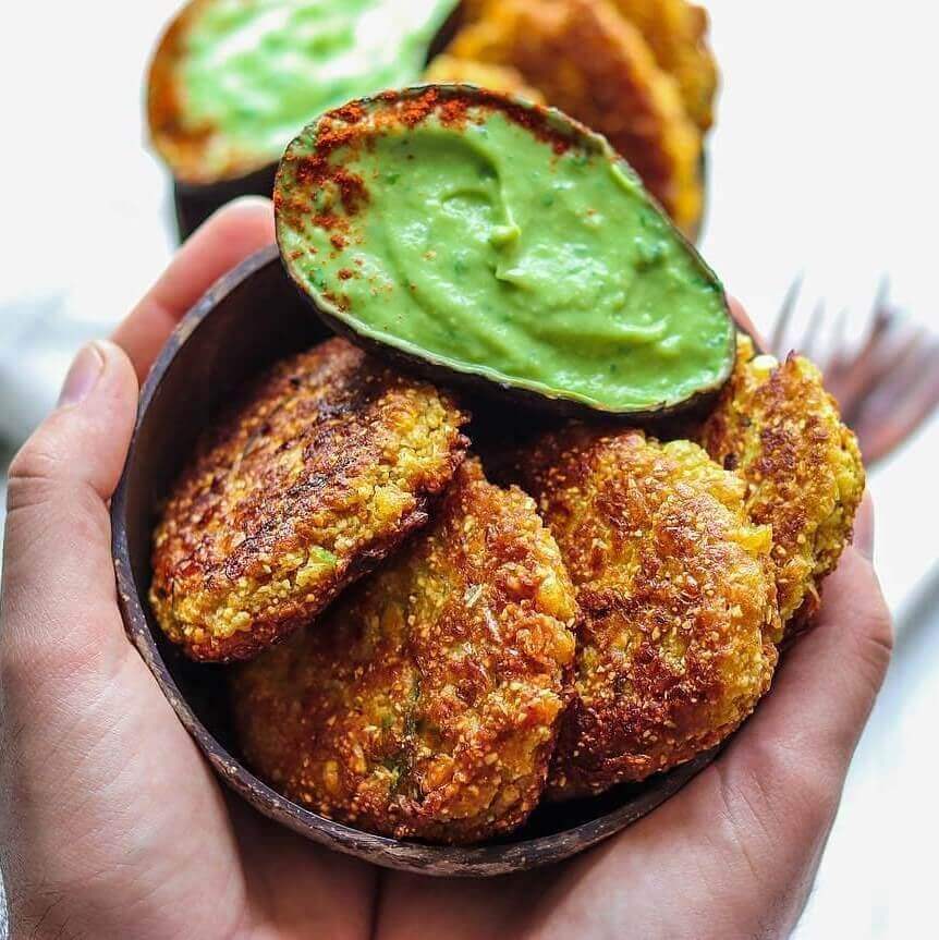 Spicy Corn Fritters with an Avocado Basil Dip