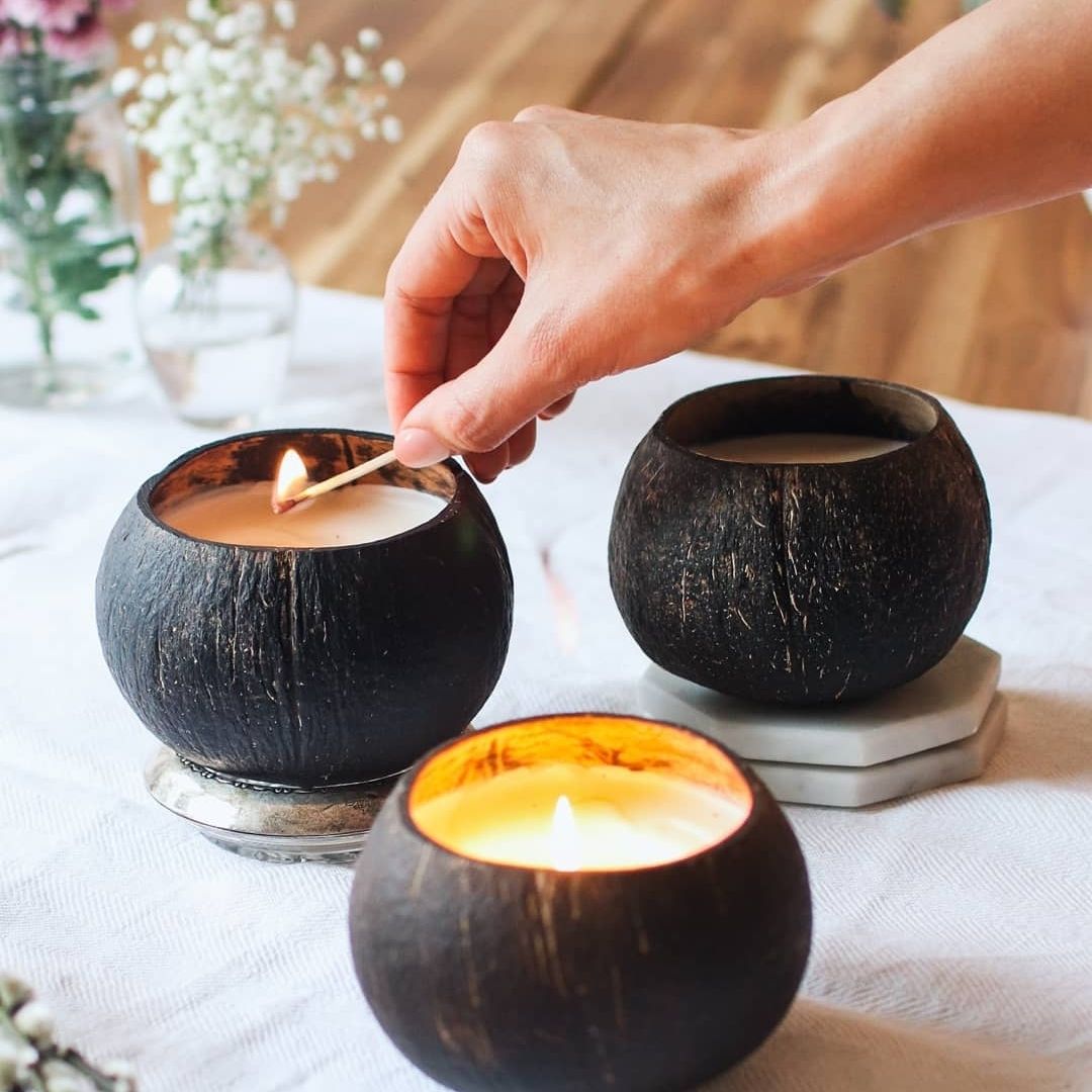 Coconut Soy Candles in Coconut Shells by Coconut Bowls
